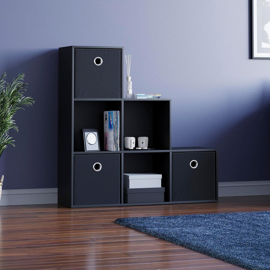 6 Cube Black Staircase Bookcase with 3 Baskets – Sturdy Storage Organizer