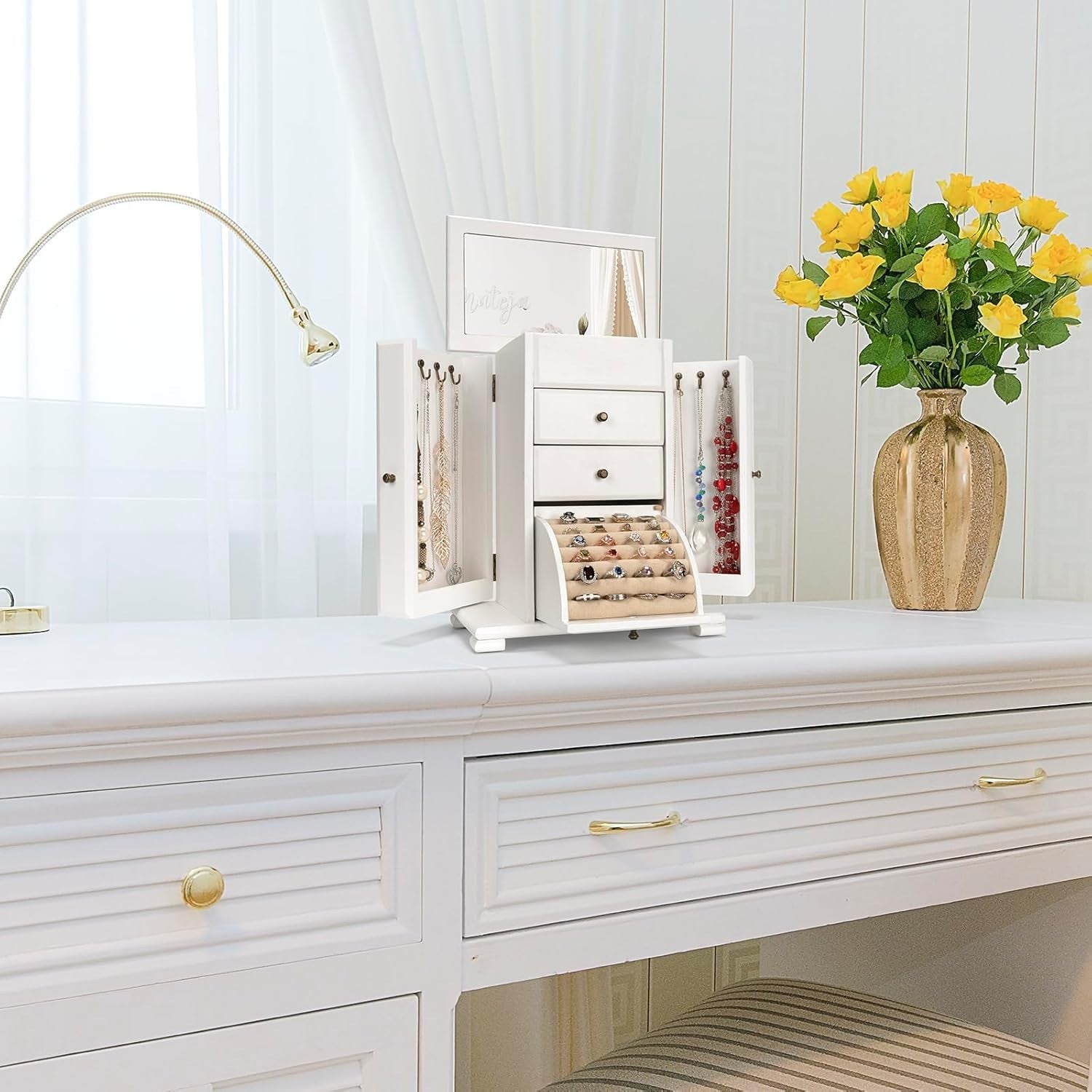White Wooden Jewellery Box Large Organizer with Mirror 4 Layer Vintage