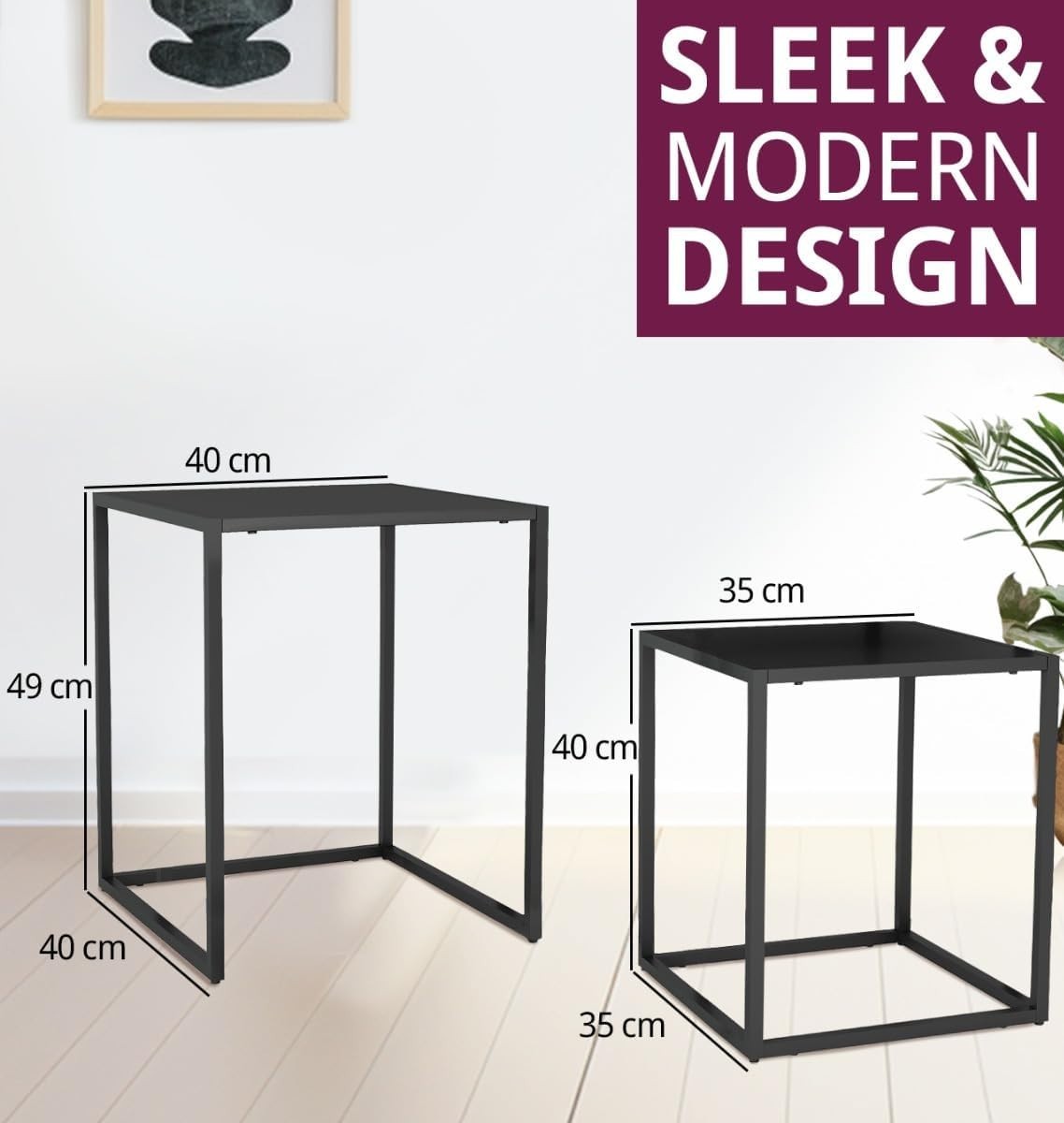 Modern Square End Side Table Black Metal Nightstand Coffee Accent Desk 40x40cm