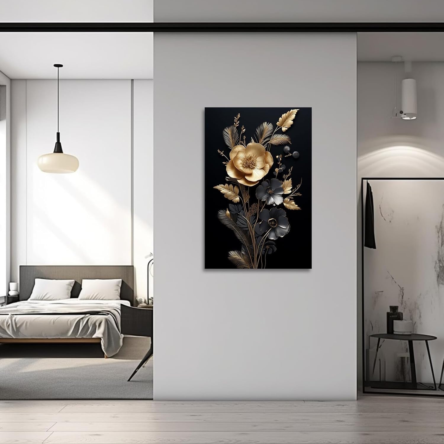 Black Gold Floral Canvas Wall Art Framed 16x24in