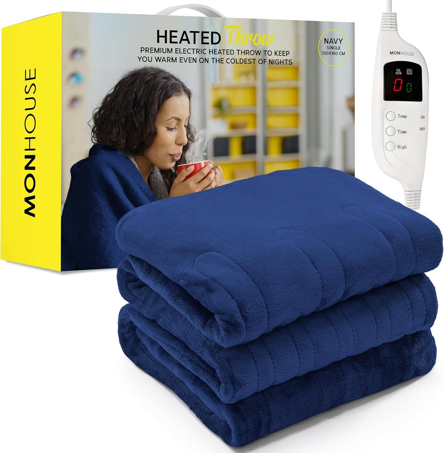 Electric Heated Throw Blanket 130x160cm 9 Heat Levels Timer Washable Navy