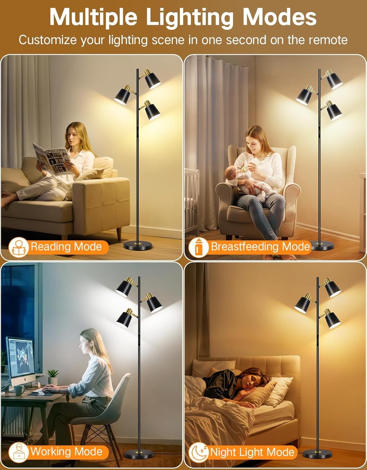 LED Tree Floor Lamp Dimmable Remote Touch 3 Head Adjustable Modern Light