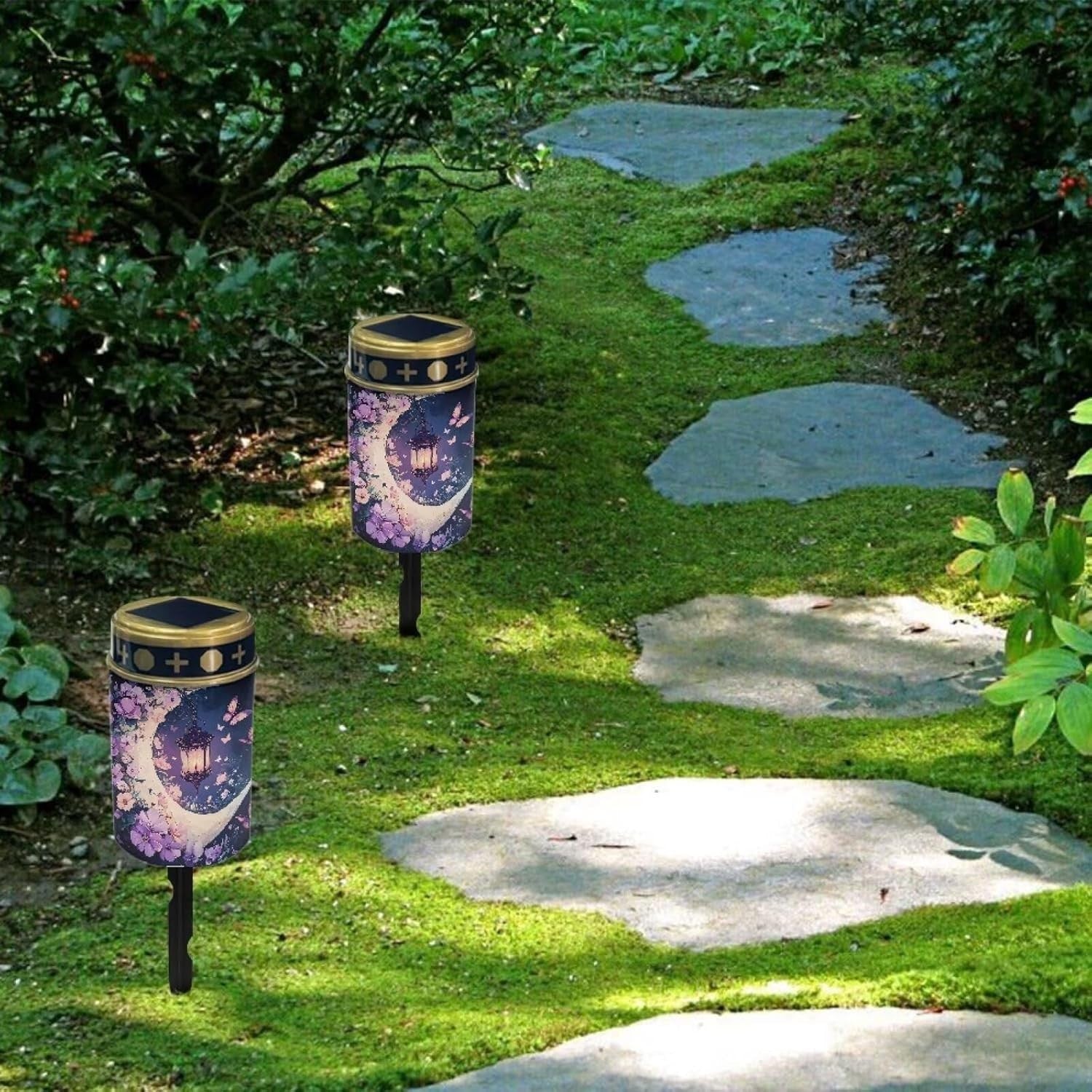 Moon Solar Cemetery Lights Purple Floral Grave Lanterns 8 Sets
