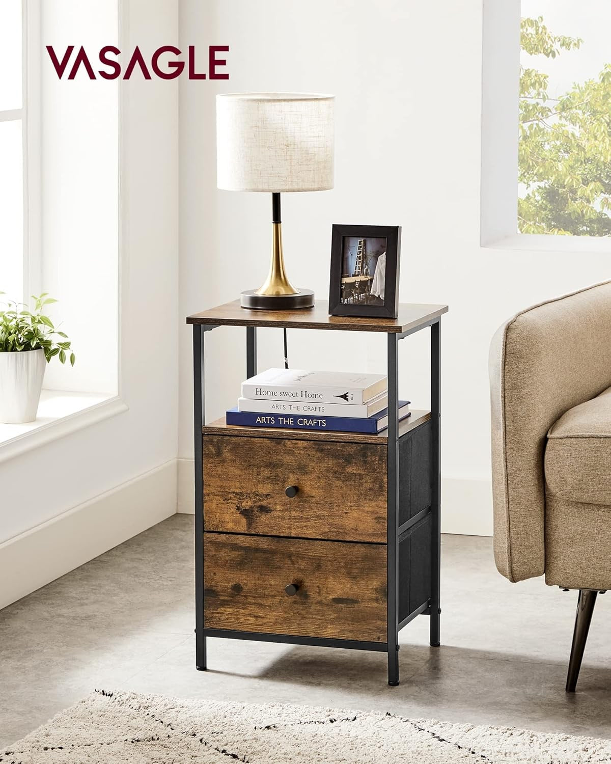 Rustic Tall Bedside Table with 2 Fabric Drawers & Open Shelf, Industrial Style