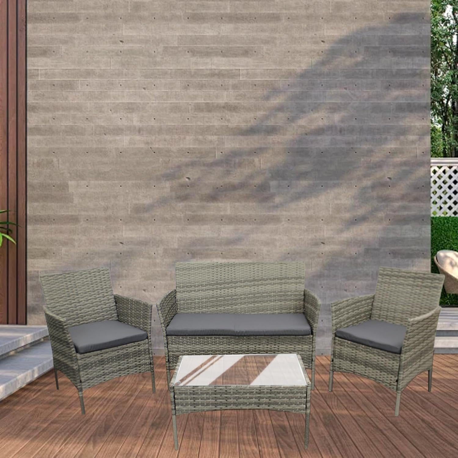 4-Piece Outdoor Patio Rattan Furniture Set with Cushioned Sofa & Table