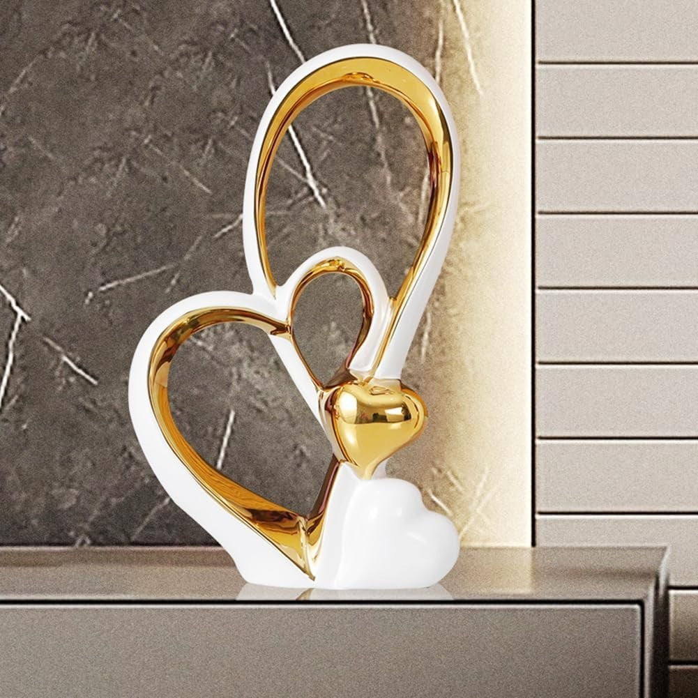 Tall White Gold Heart Sculpture Modern Ceramic Ornament Luxury Home Decor Gift