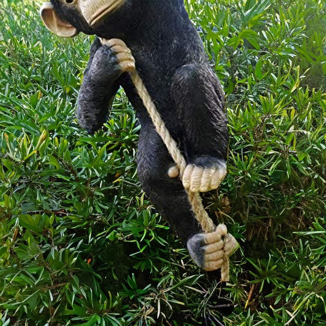 Hanging Monkey Garden Ornament on Rope – Large Resin Outdoor Animal Decor