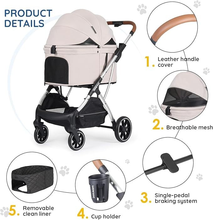 Luxury Dog Stroller Foldable Pet Pushchair Pram Medium Dogs 60lb Cup Holder