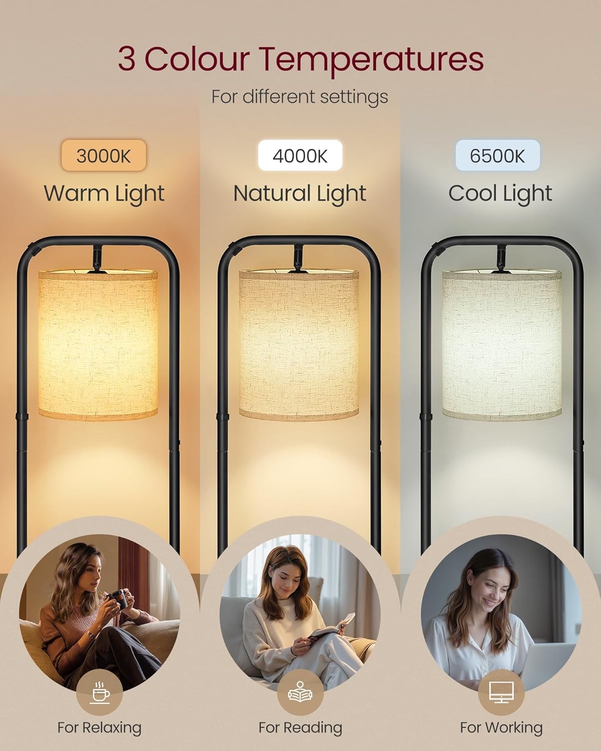 Floor Lamp with Shelves Storage Foot Switch Fabric Shade Modern Standing Light