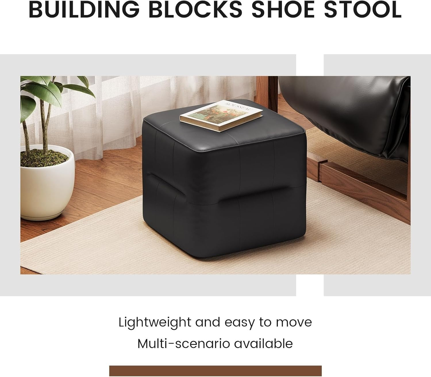 Black PU Leather Square Vanity Stool – Modern Low Footrest Ottoman
