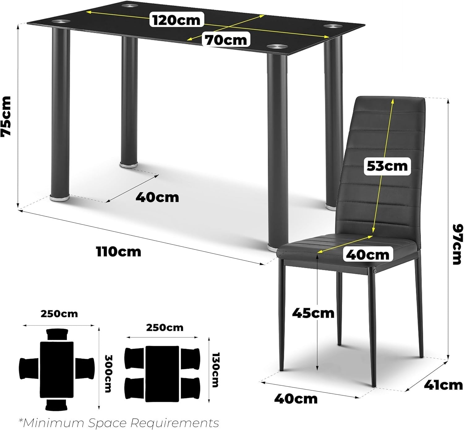 Black Glass Dining Table Set 120x70x75cm with 4 PU Leather Chairs