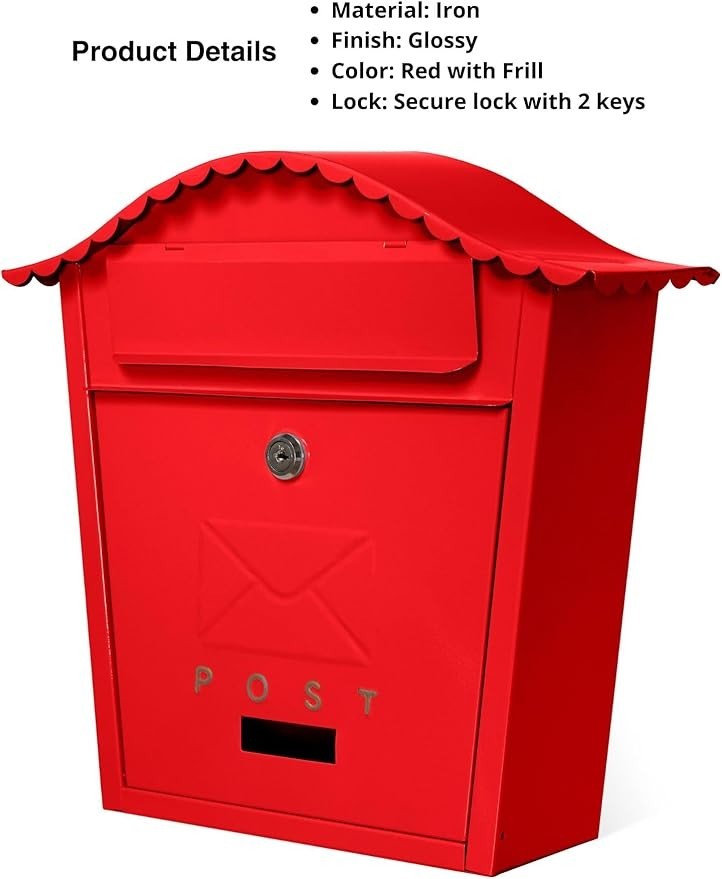 Lockable Wall Mounted Mailbox Cast Iron Waterproof Post Box Red Secure Outdoor