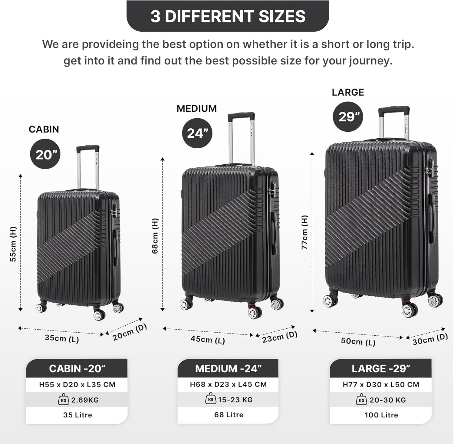 Cabin Luggage 55x35x20 Lightweight Hard Shell Carry On 4 Spinner Wheels