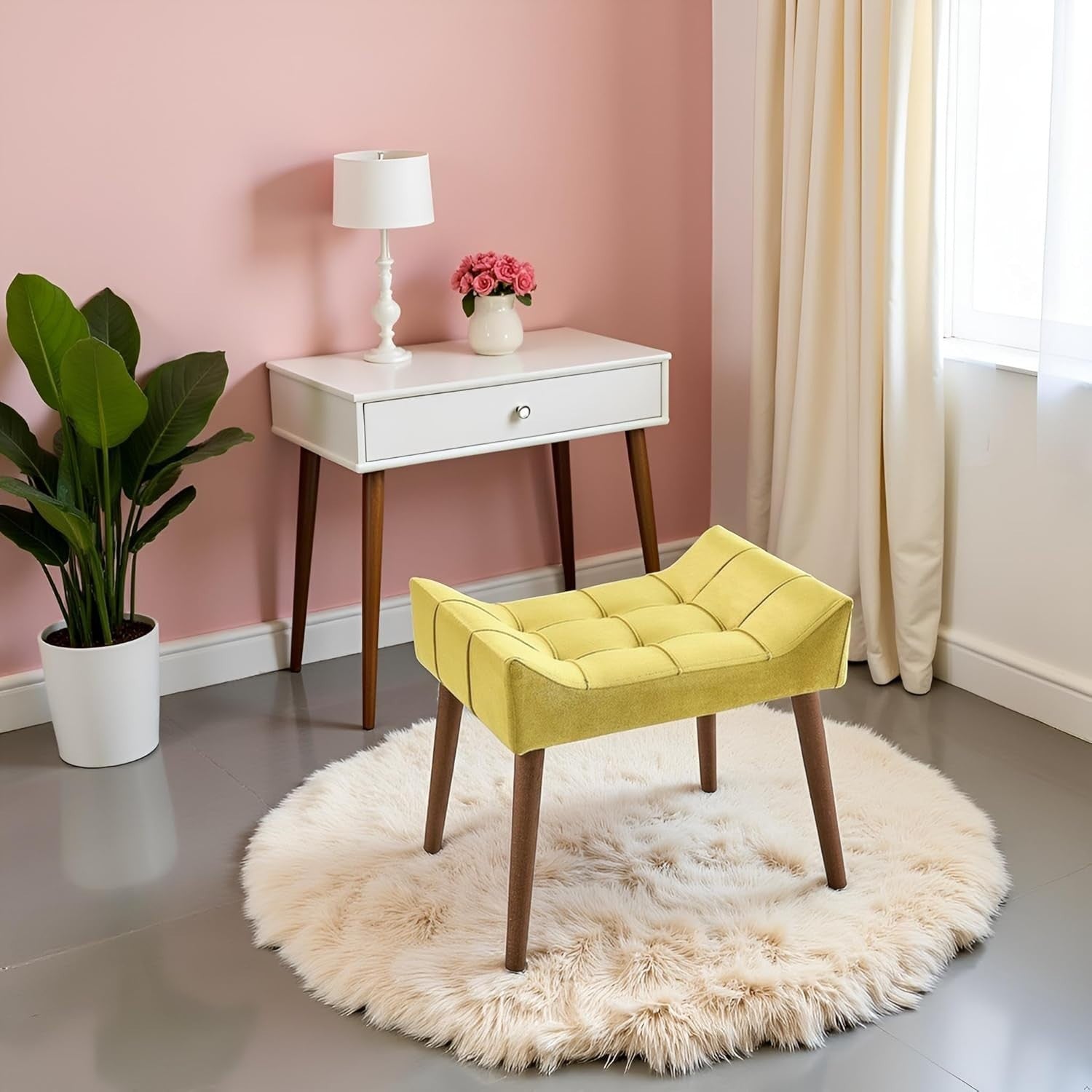 Yellow Padded Dressing Table Stool Modern Vanity Makeup Chair Bedroom
