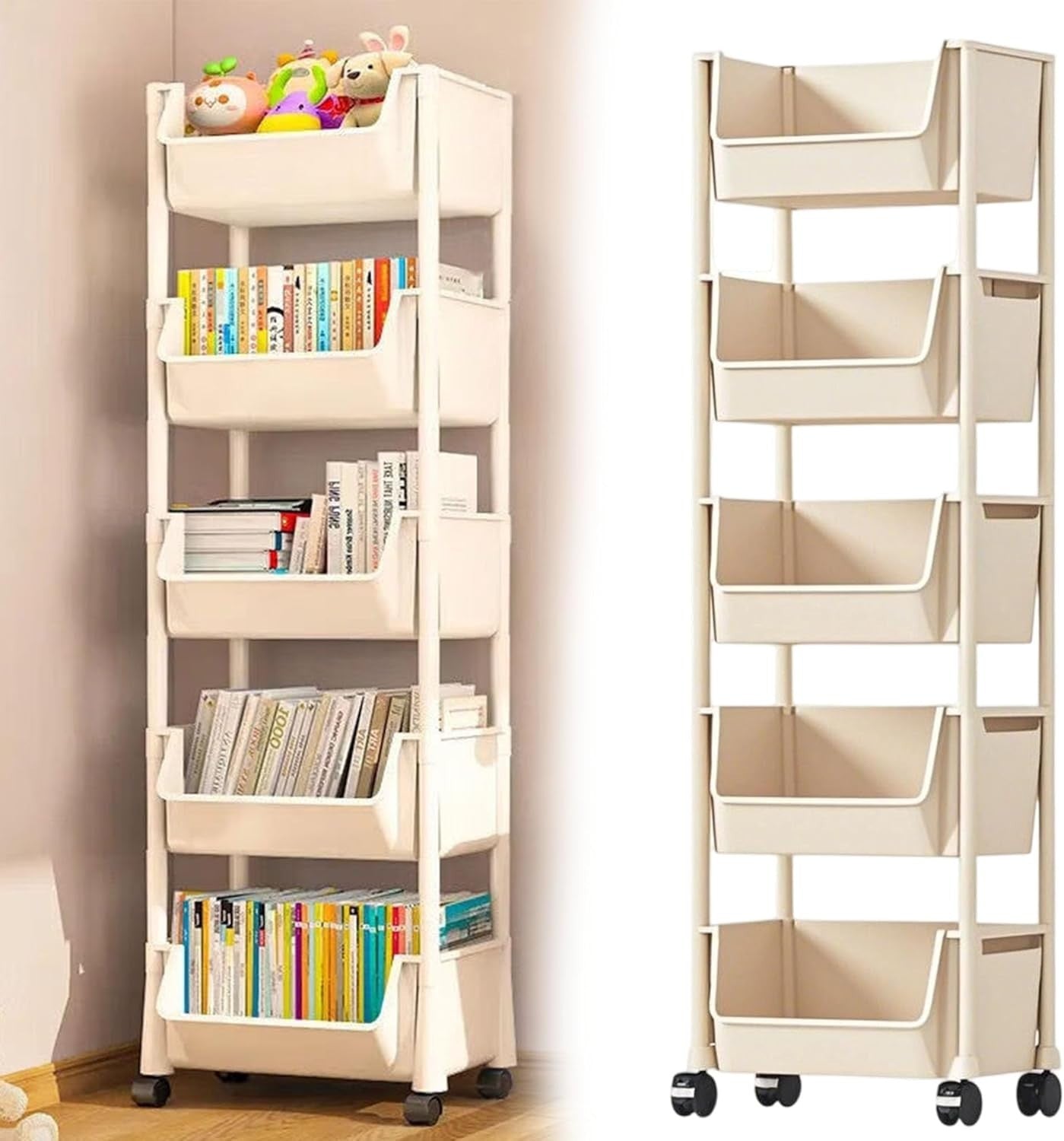 5 Tier Rolling Storage Trolley Slim Utility Cart Shelving Organizer Beige