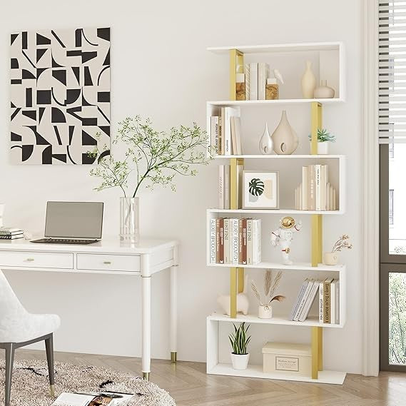 Modern 6-Tier S-Shaped Bookshelf Gold & White Tall Display Storage Unit