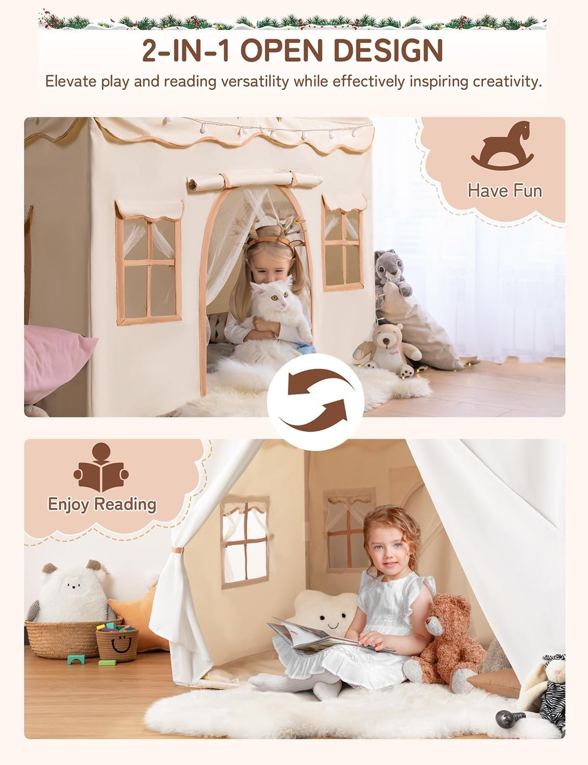 2 in 1 Kids Play Tent Bed Tent with Lights Padded Princess House