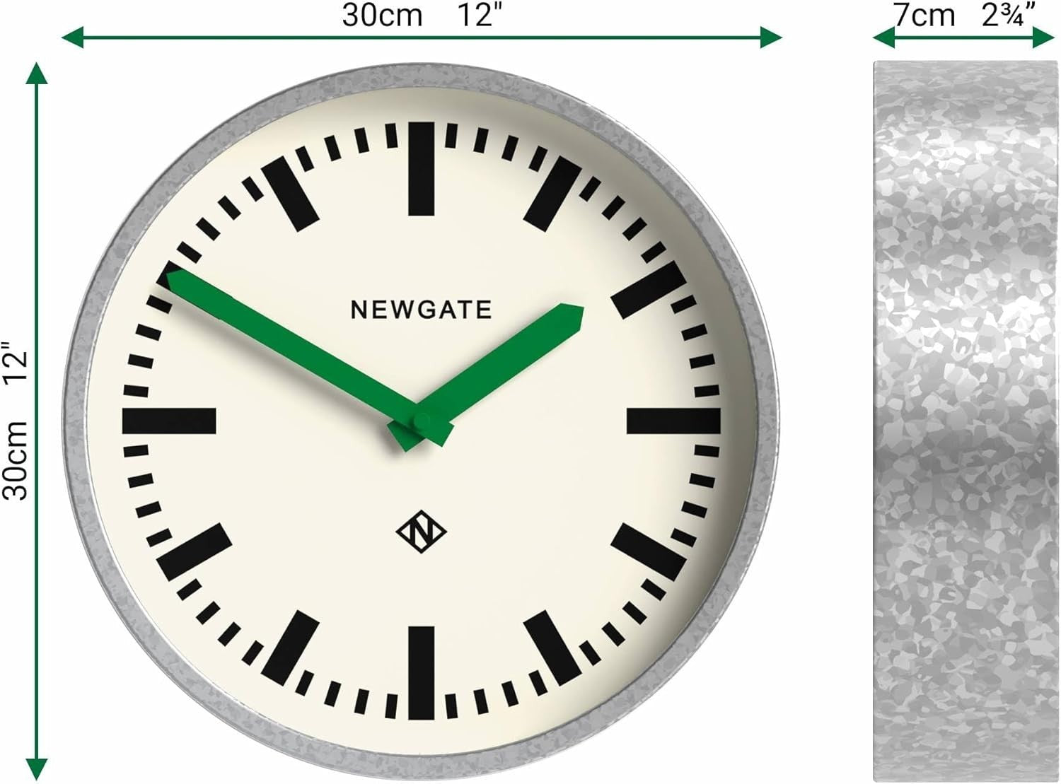 Retro 30cm Silent Wall Clock Green Hands Galvanised Metal Industrial Style
