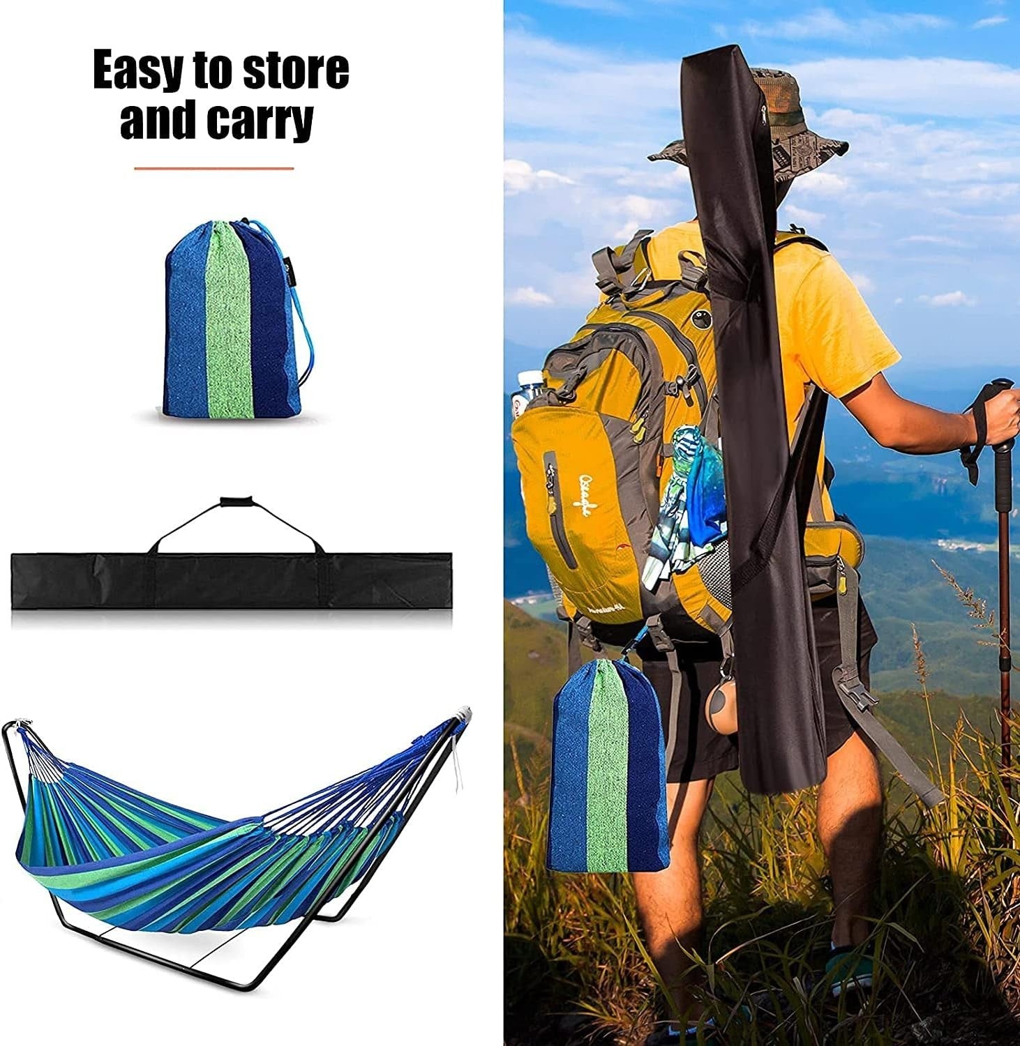 Space-Saving Double Cotton Hammock with Adjustable Steel Stand + Carry Bag