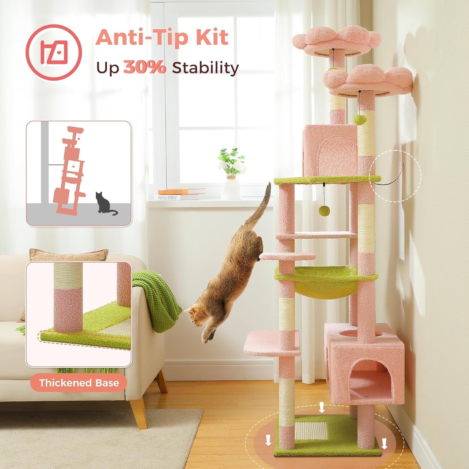 Large Cat Tree 184cm Extra Tall Multi Level Tower With Condos & Perches Pink
