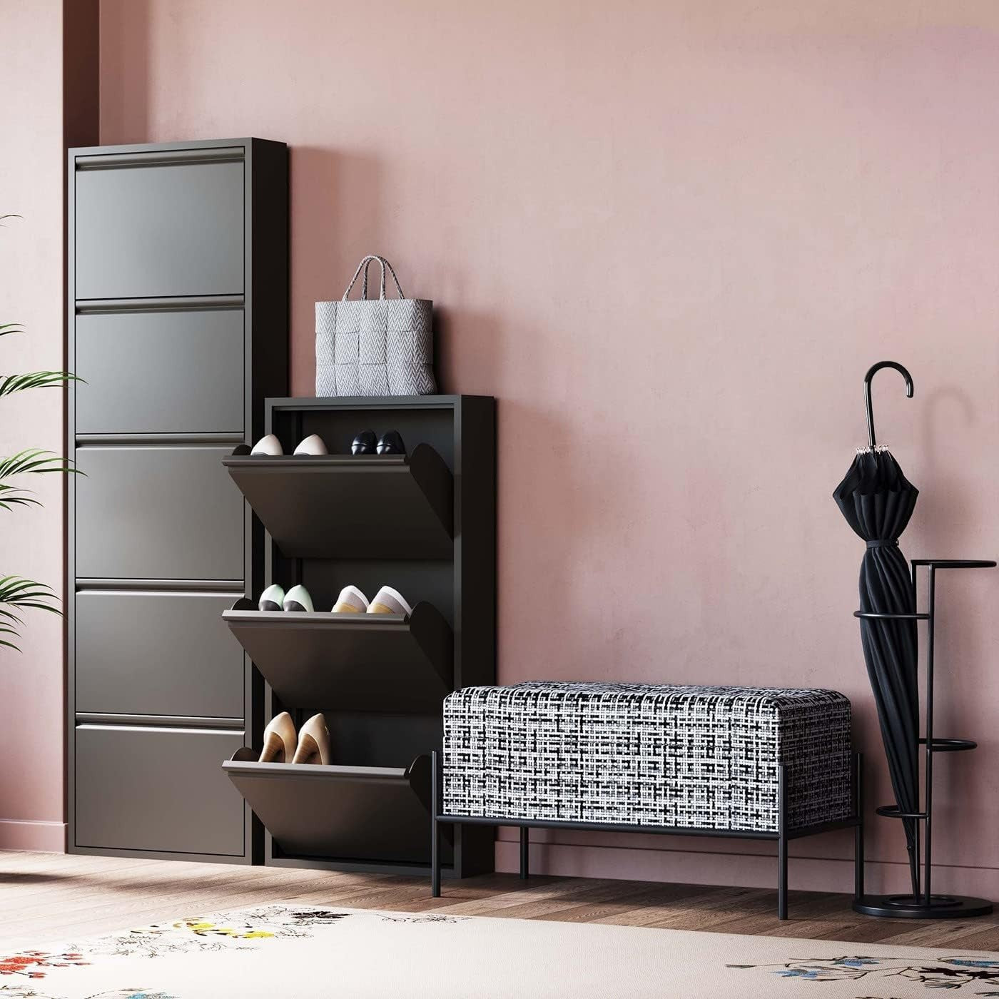 Slim 5-Drawer Shoe Cabinet Black– Space-Saving Metal Tilt Rack 170x50x15cm