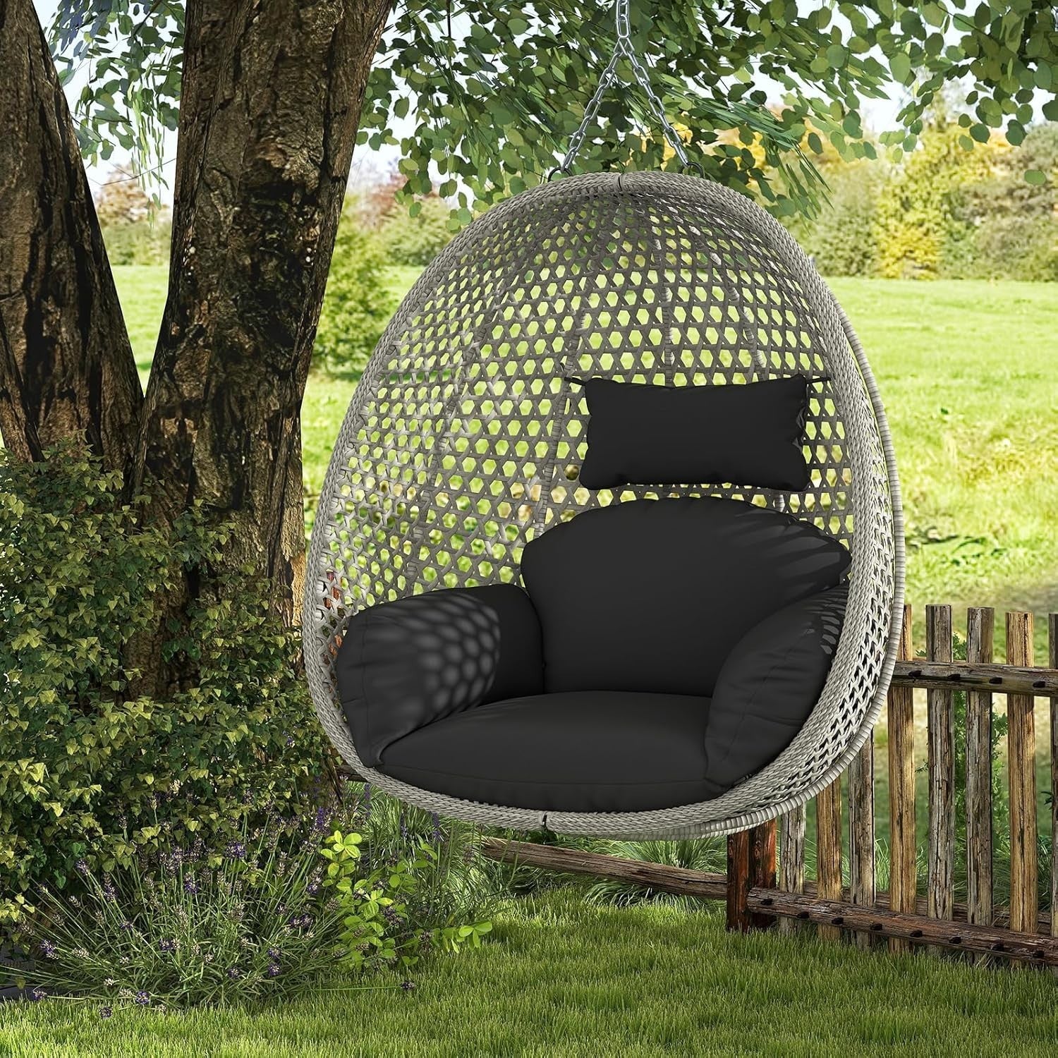 Rattan Hanging Egg Chair with Soft Thick Cushion & Head Pillow for Garden Patio