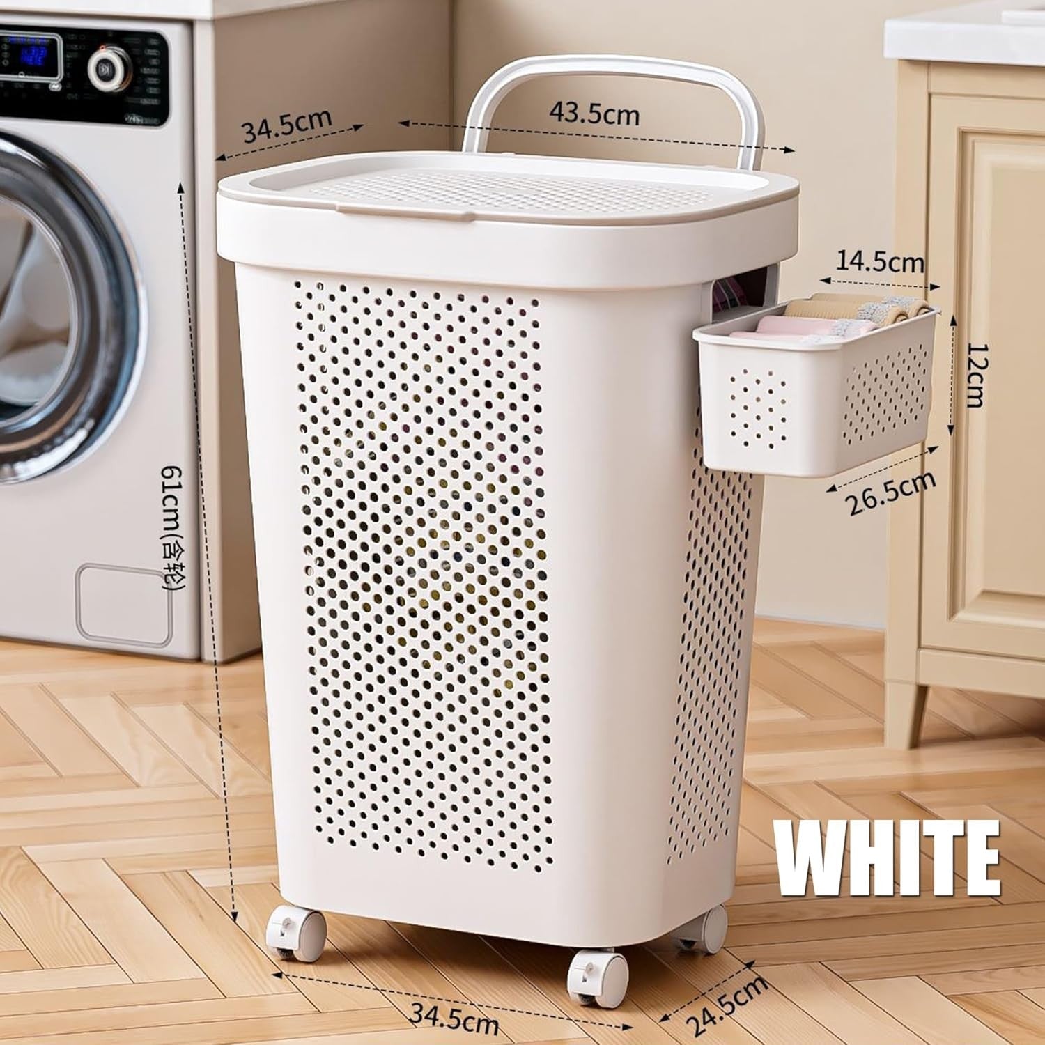 White Rolling Laundry Hamper with Lid & Handle | Ventilated Large Clothes Basket