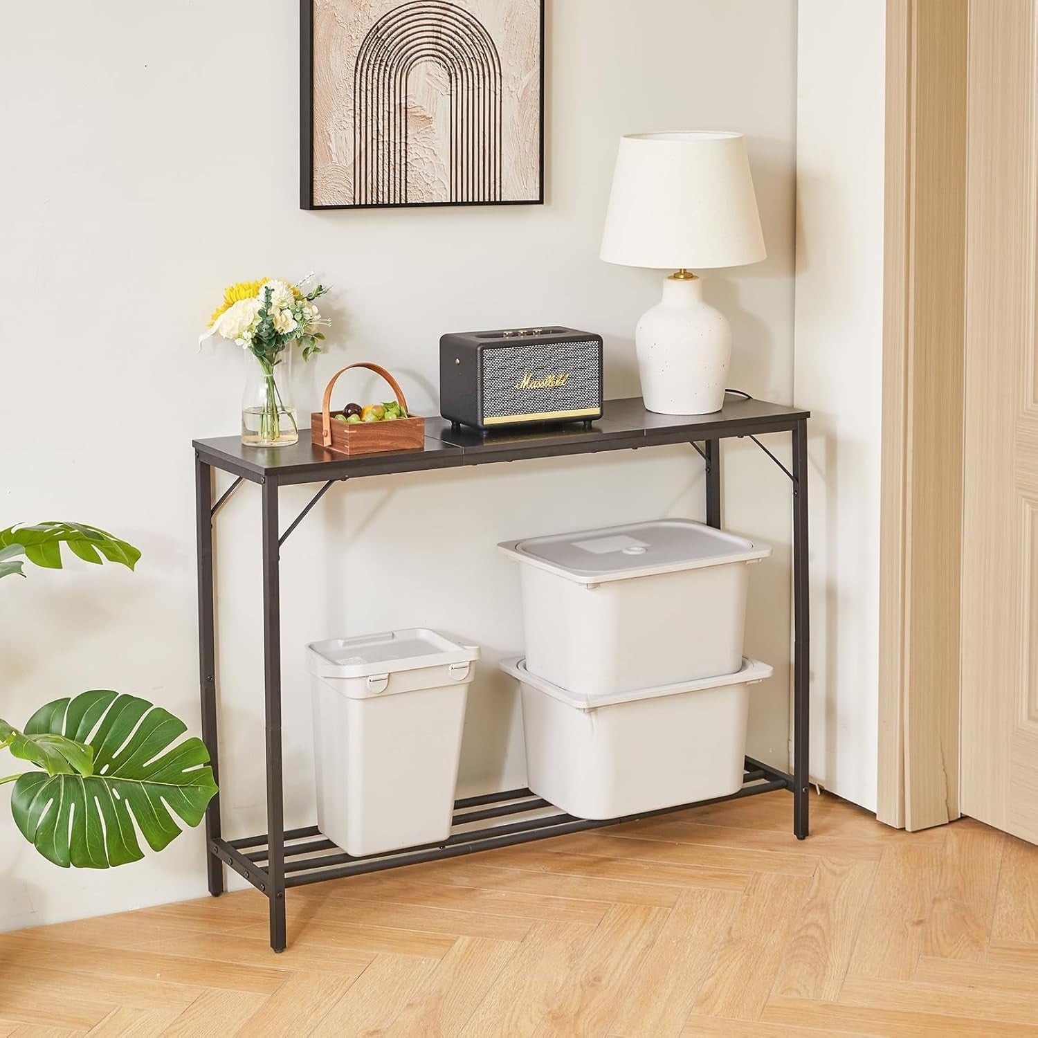 Slim Black Console Table 107cm Compact Metal Frame Sofa Hallway Table