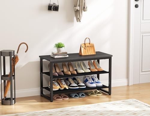 Black 3 Tier Shoe Rack Bench with Wooden Seat Metal Frame Storage Shelf 75x29x46