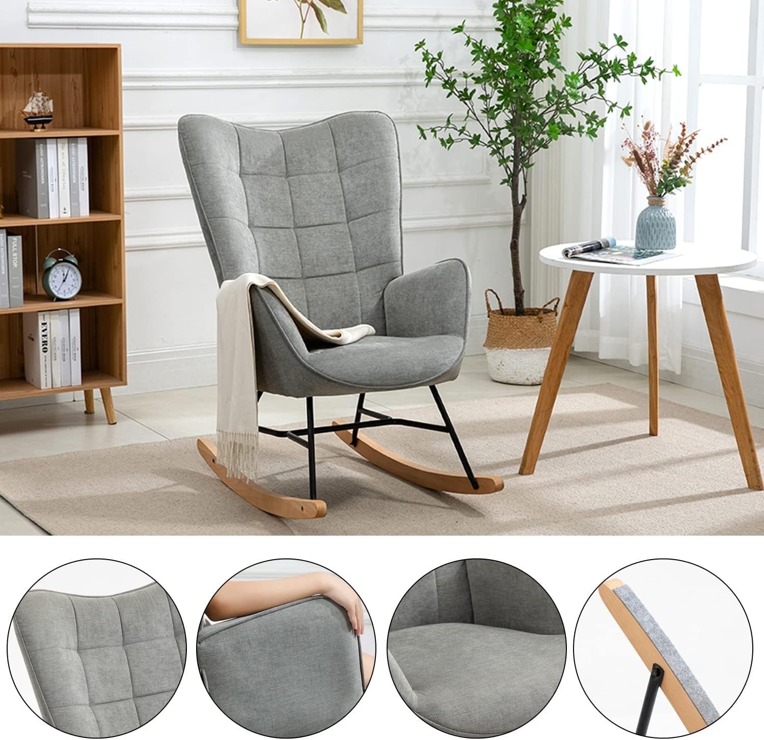 Grey Rocking Chair for Nursery w/ High Back, Fabric Seat & Wood Base