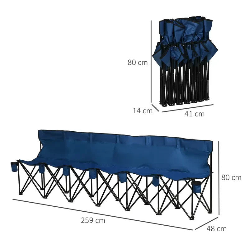 6-Seater Folding Team Bench with Cup Holders Portable Outdoor Sports Chair Blue