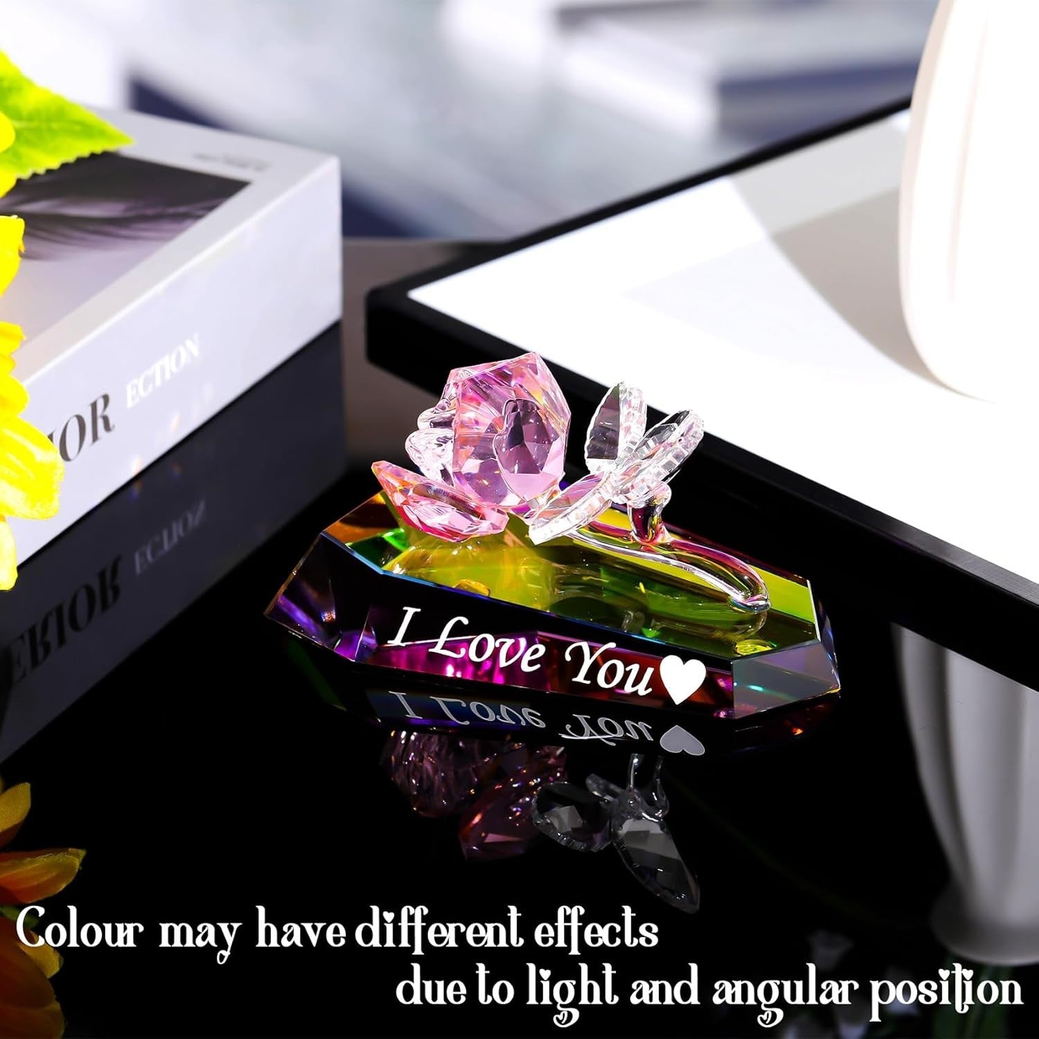 Romantic Crystal Rose Ornament “I Love You” – Multicolour Glass Gift for Her