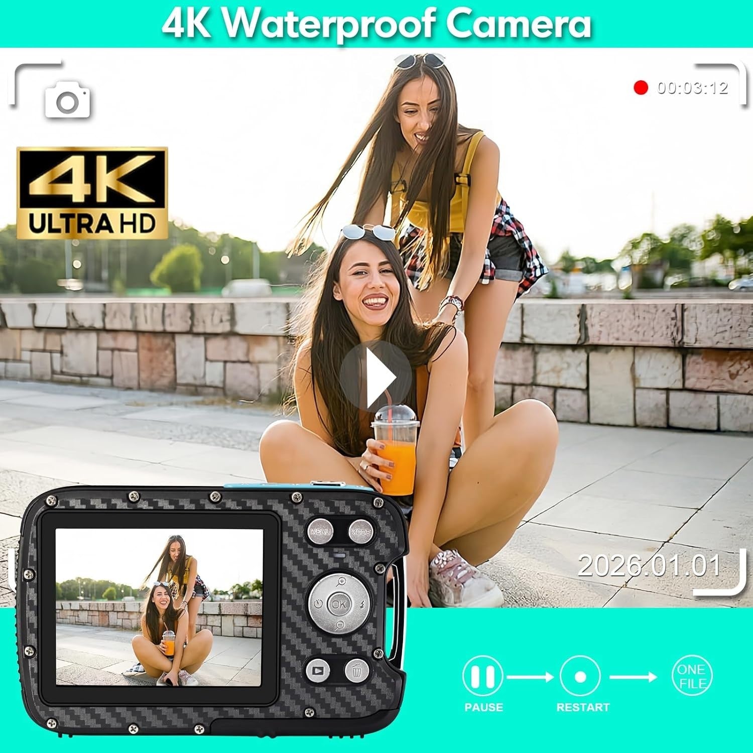 4K Waterproof Digital Camera 18X Zoom Snorkeling Camera w/32GB