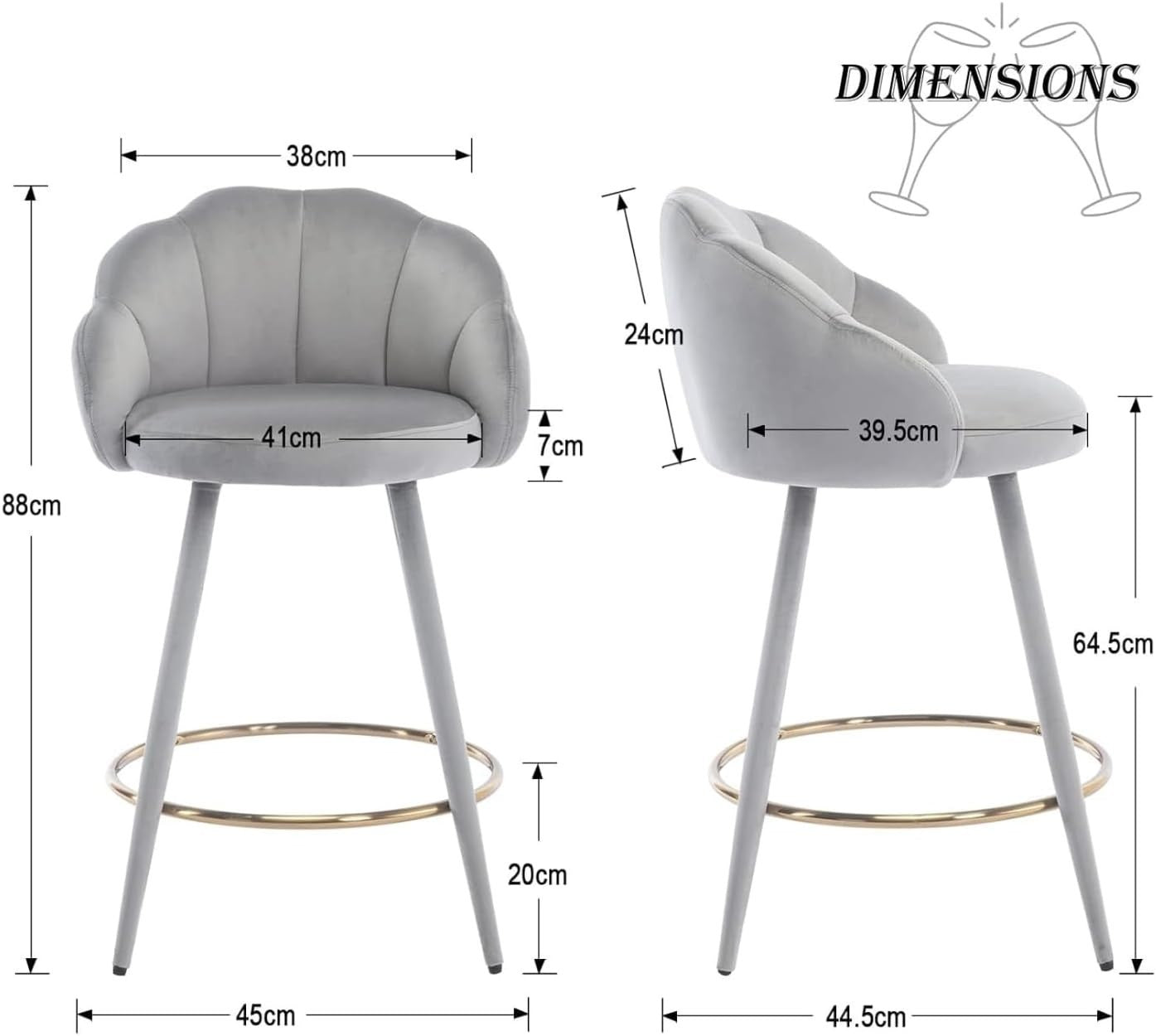 Gray Velvet Bar Stools Set of 2 Modern Kitchen Counter Breakfast Chairs