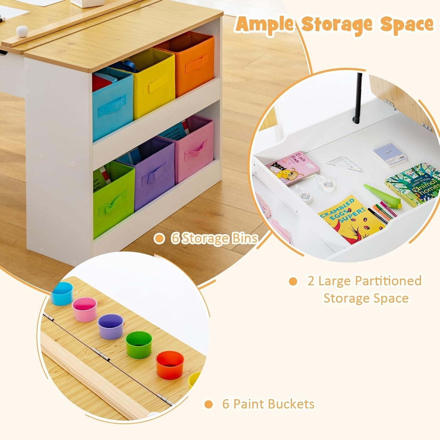 Kids Art Table and Chair Set with Storage Bins & Easel Desk Natural White 6 Cups