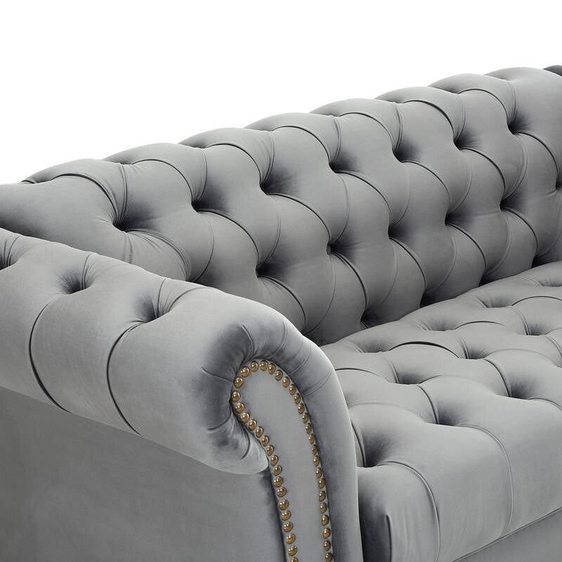 Grey Velvet Chesterfield Armchair 1.5 Seater Sofa Tufted Wood Legs