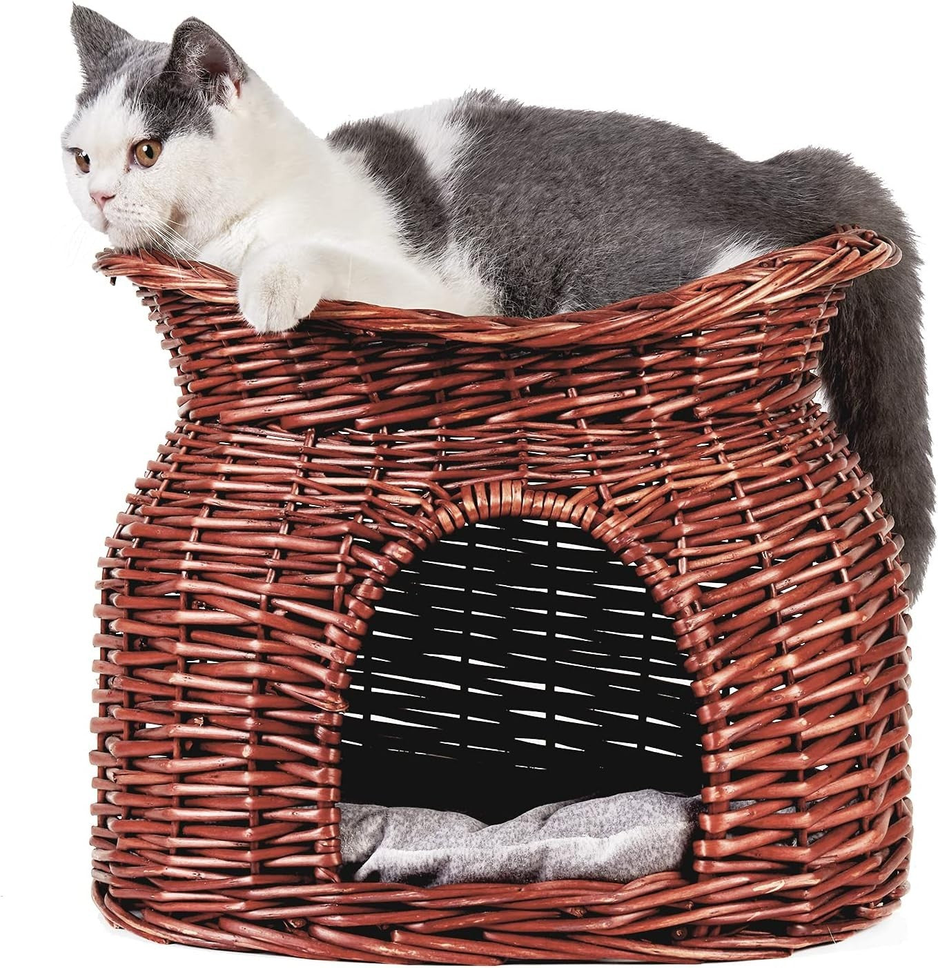 2 Tier Wicker Cat Cave House Basket Bed with Cushions Brown
