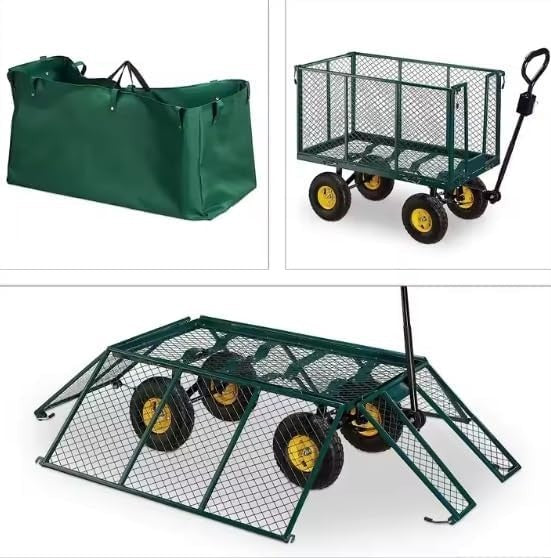 Heavy Duty 550kg Steel Garden Trolley Wagon with Removable Sides & Liner Green