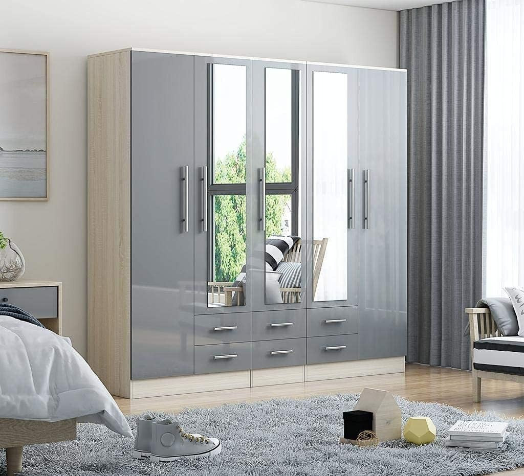Grey High Gloss 5 Door Wardrobe with Drawers & Full Length Mirrors