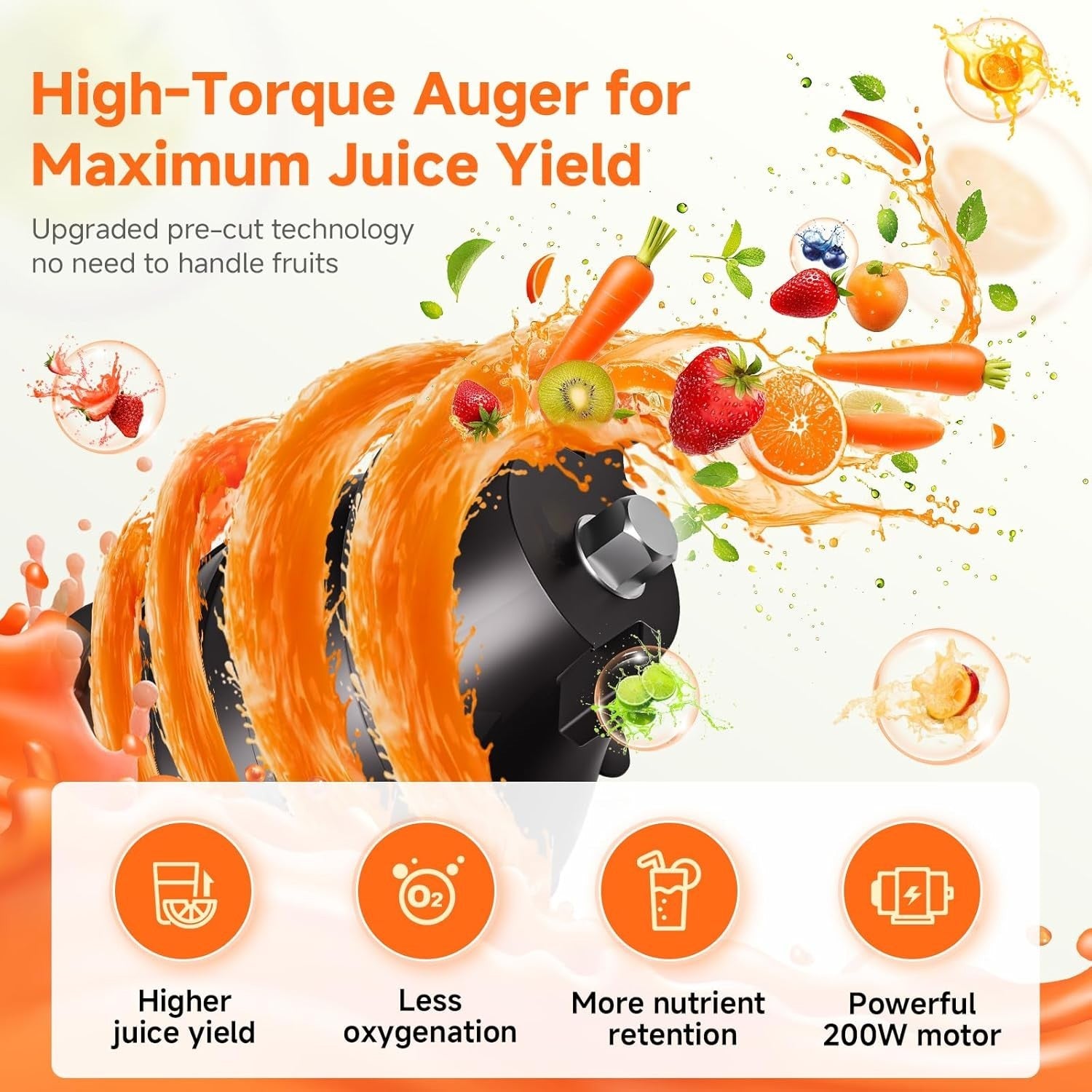 Cold Press Juicer 135mm Wide Chute Whole Fruit Slow 200W High Yield White