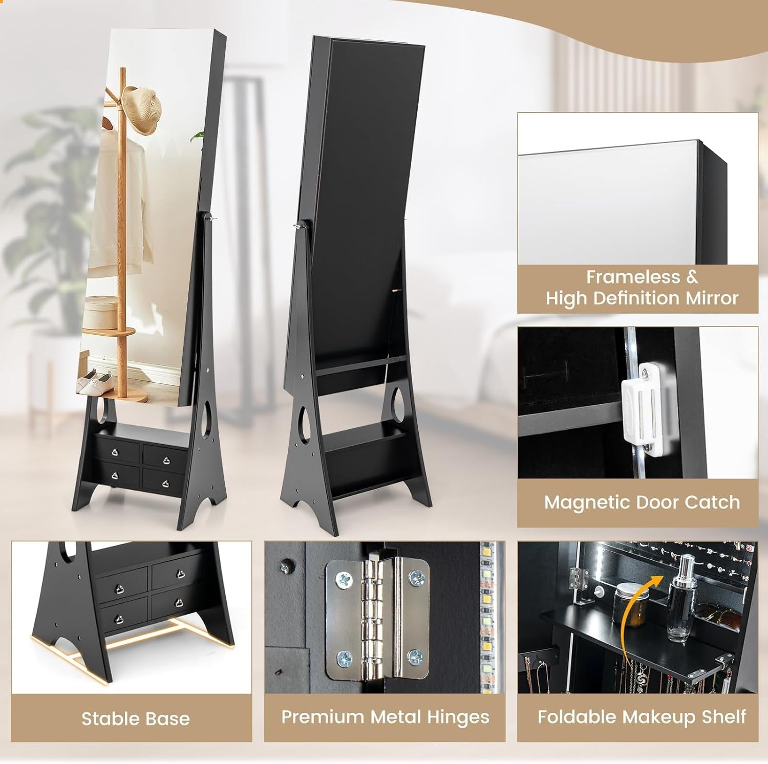 Black Freestanding Jewelry Armoire LED Mirror Large Storage Organizer