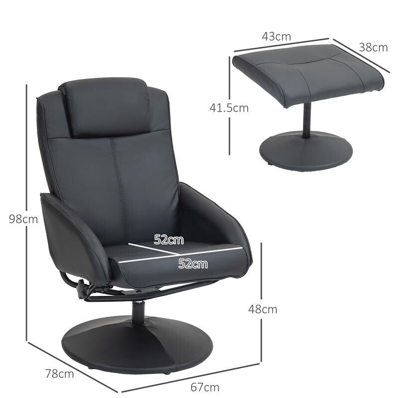 Black Recliner Armchair Chair w/ Footstool Faux Leather Swivel Lounge Set