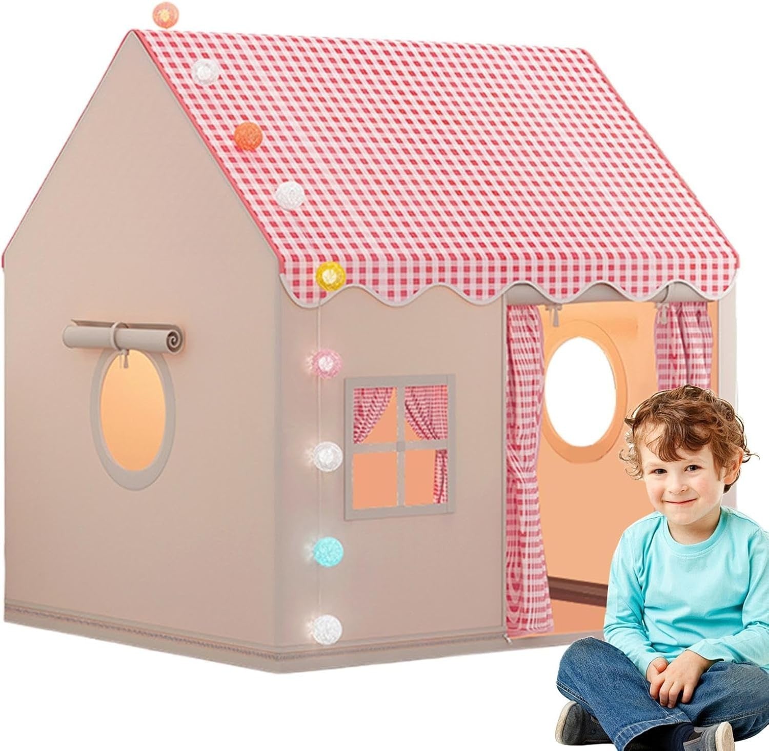 Large Kids Indoor Play Tent w Lights Mat Window Toddler Playhouse