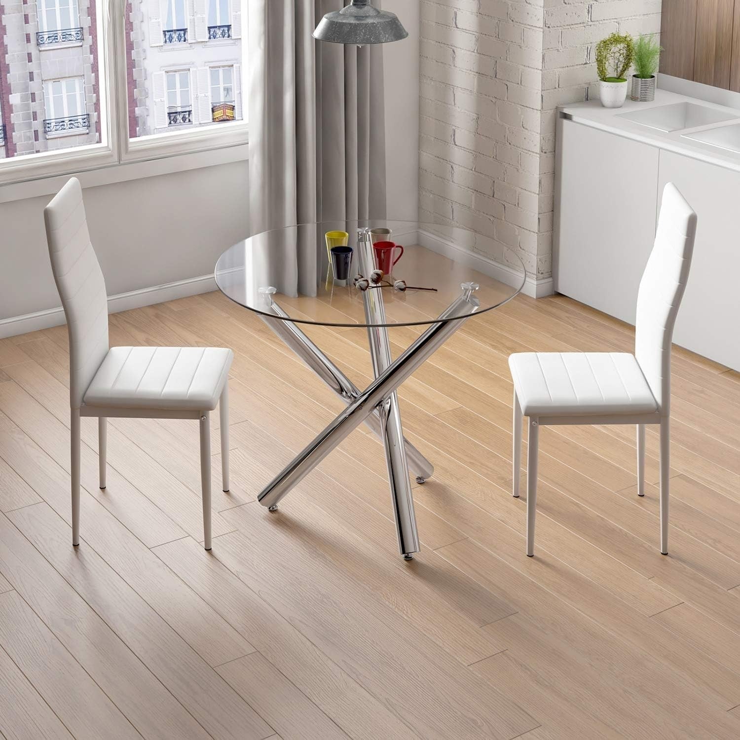 90cm Round Glass Dining Table Set with 2 White Faux PU Chairs