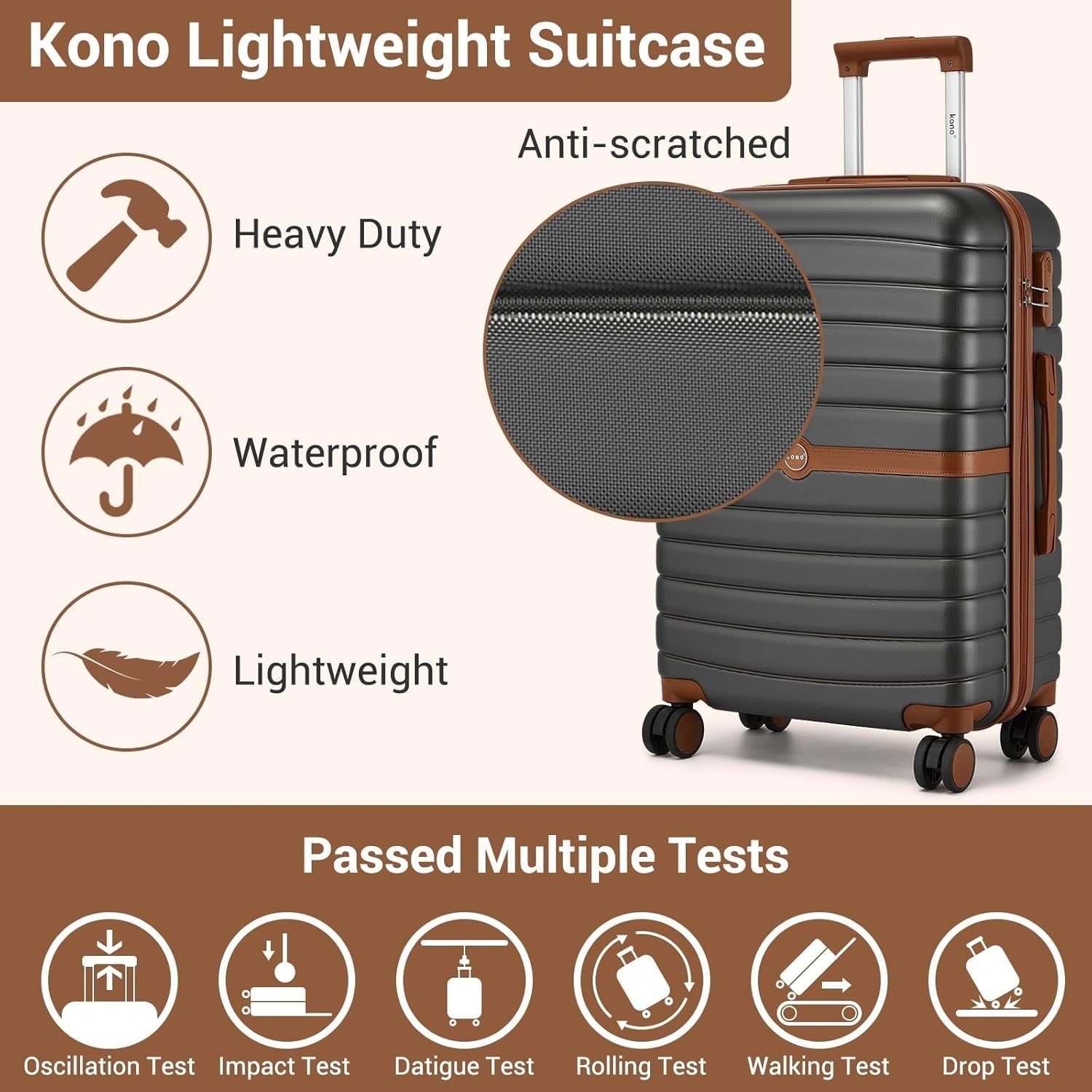 24'' Grey Brown Check In Suitcase ABS PC Hard Shell Spinner Wheels Lock