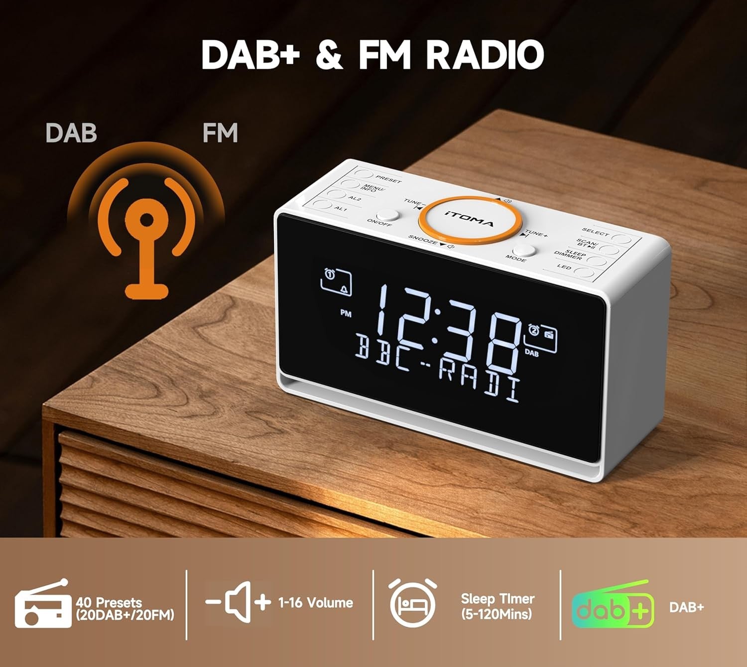 DAB+ FM Radio Alarm Clock Bluetooth Dual Alarm Snooze USB White LED
