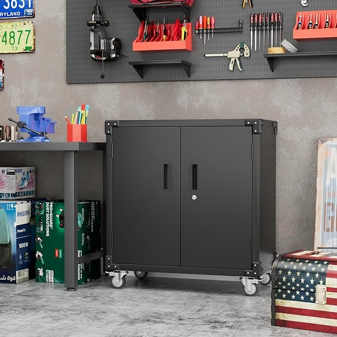 Metal Storage Cabinet with Wheels & Pegboard, Lockable Tool Cupboard with Adjust