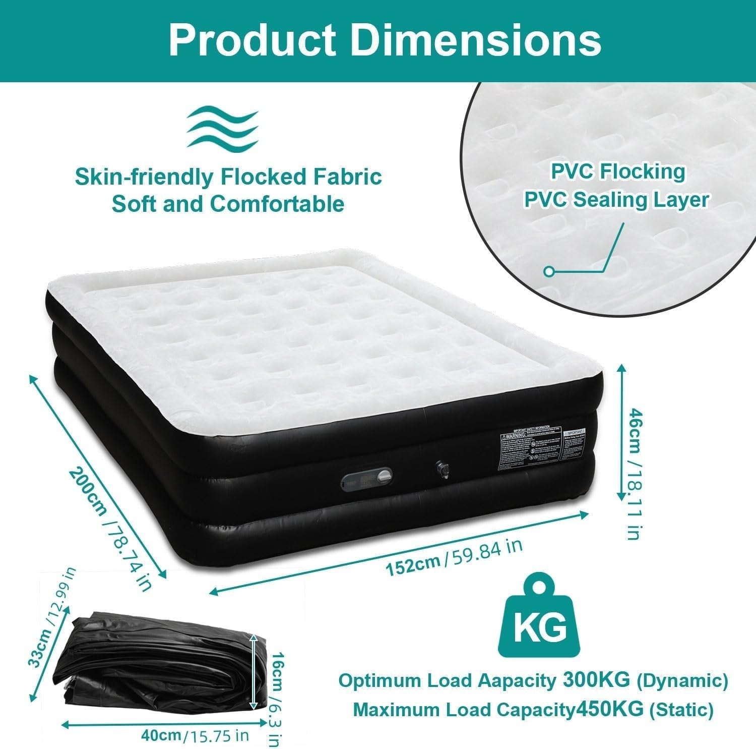 Double Air Bed with Built-in Pump, Inflatable Mattress 200x152x46