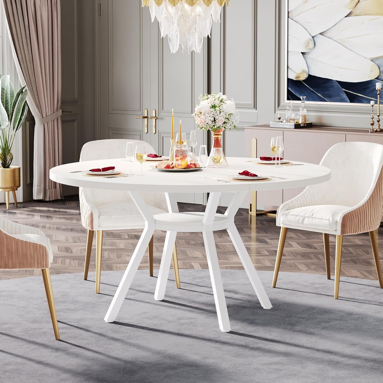 Modern Round Dining Table 120CM Seats 6–8 Metal Legs White Kitchen