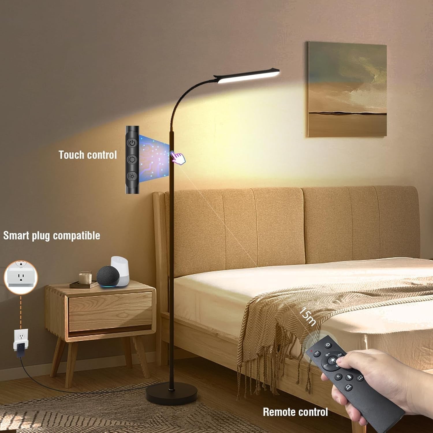 LED Uplighter Floor Lamp Dimmable Remote Touch Reading Light Tall Black